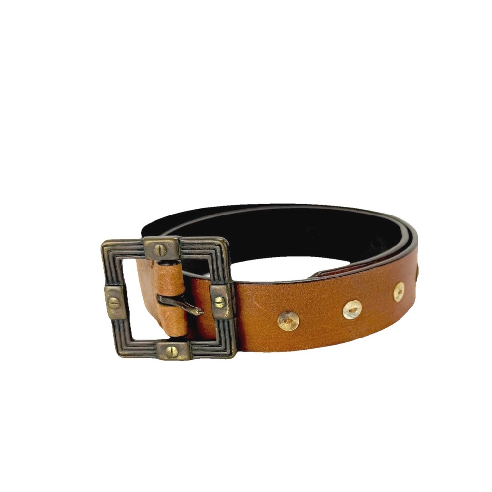 Genuine Leather Brown Belt Small Square Buckle Conch Shell Boho Western Revival‎